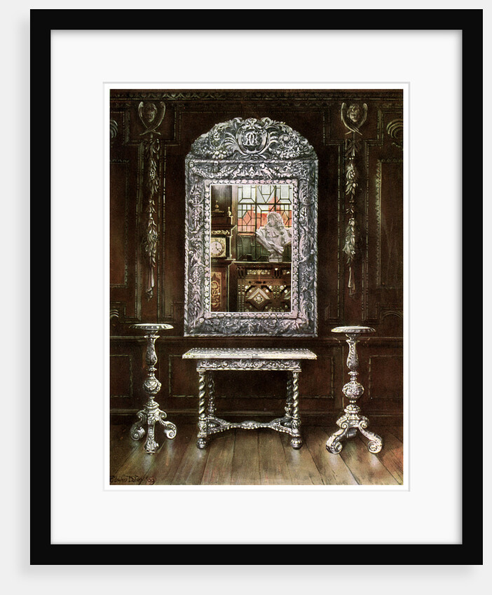Mirror, gueridons, and table overlaid with silver plaques by Edwin Foley