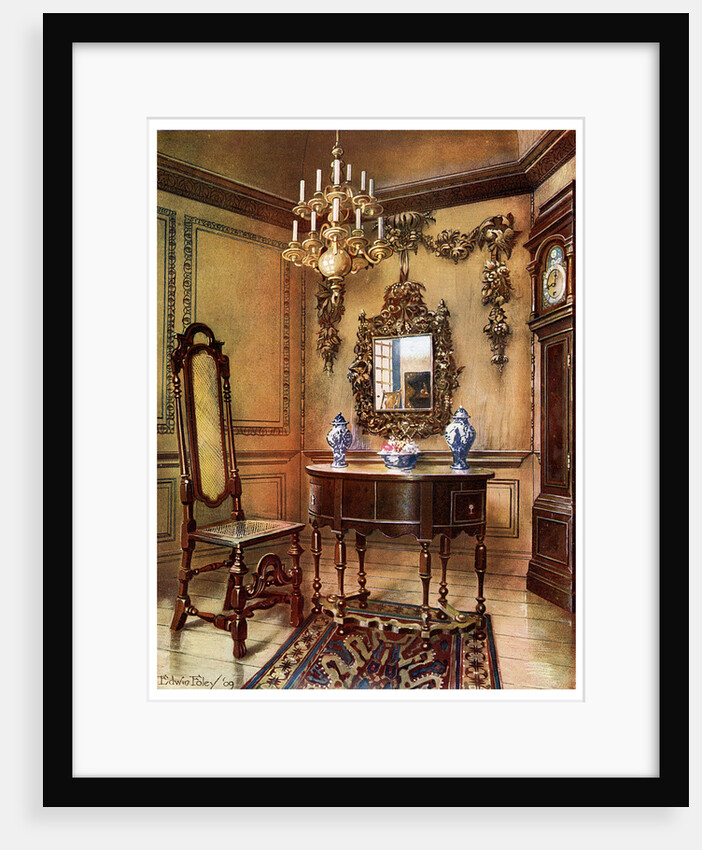 Panelling, mirror frame, walnut table and chair, Charles Wesley's walnut high case clock by Edwin Foley