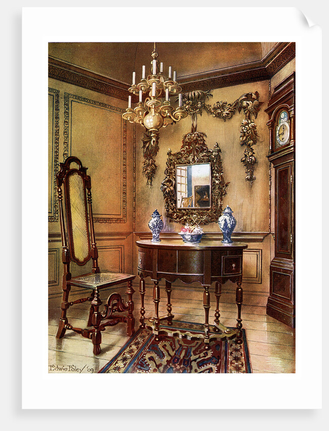 Panelling, mirror frame, walnut table and chair, Charles Wesley's walnut high case clock by Edwin Foley