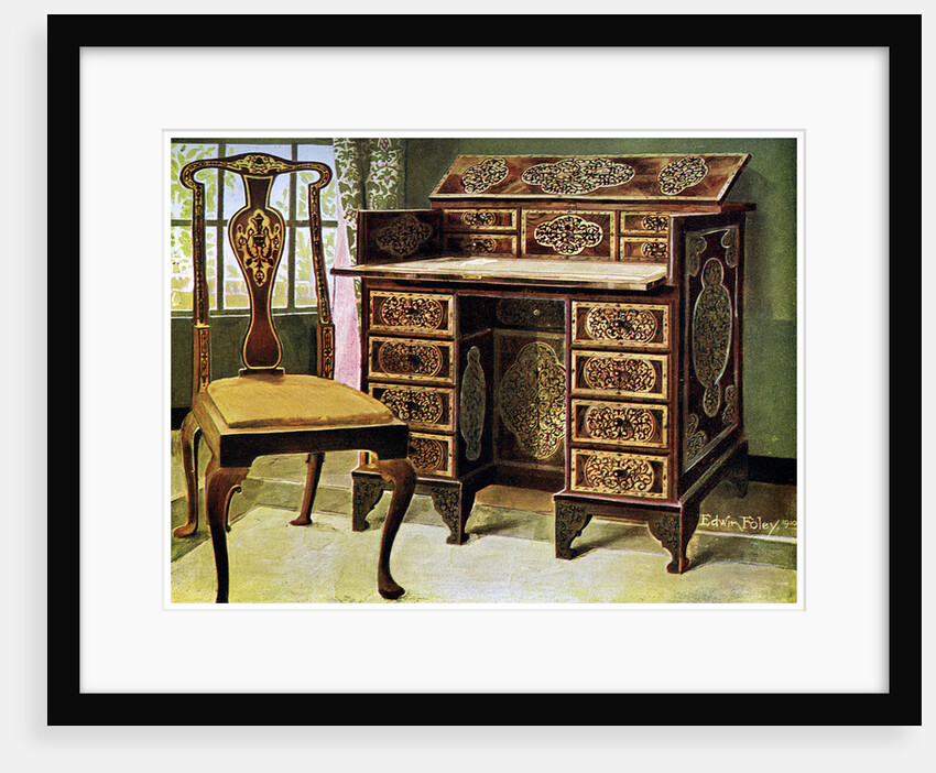 Walnut inlaid writing table by Edwin Foley