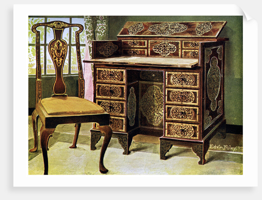 Walnut inlaid writing table by Edwin Foley