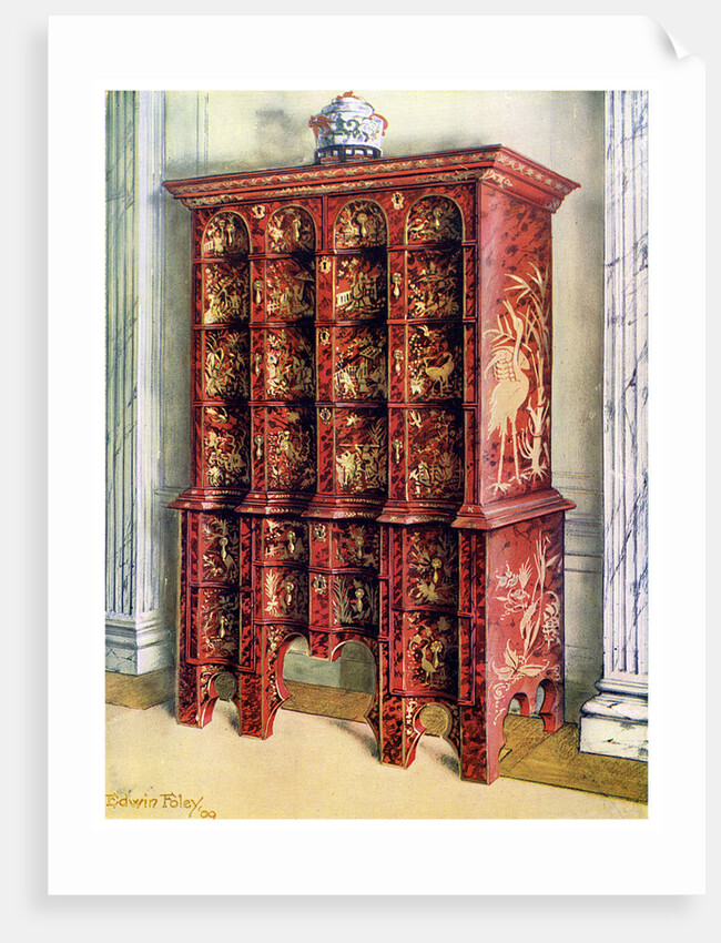 Red and gilt lacquer double chest of drawers by Edwin Foley