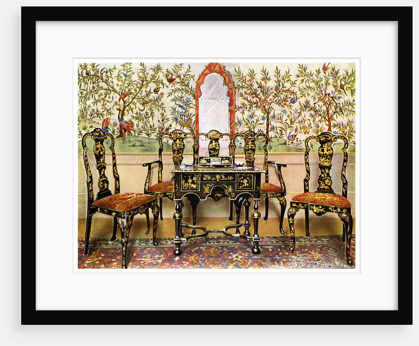 Black lacquer settee, chairs and table and red lacquer mirror by Edwin Foley
