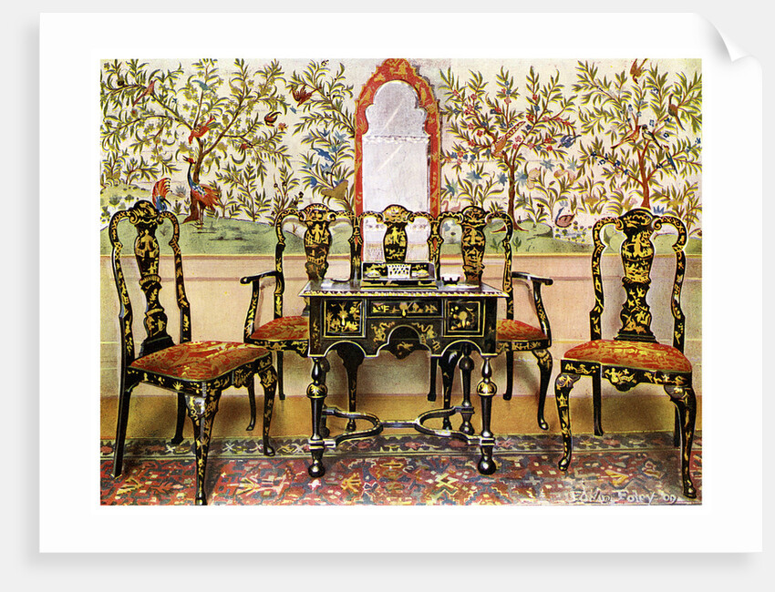 Black lacquer settee, chairs and table and red lacquer mirror by Edwin Foley