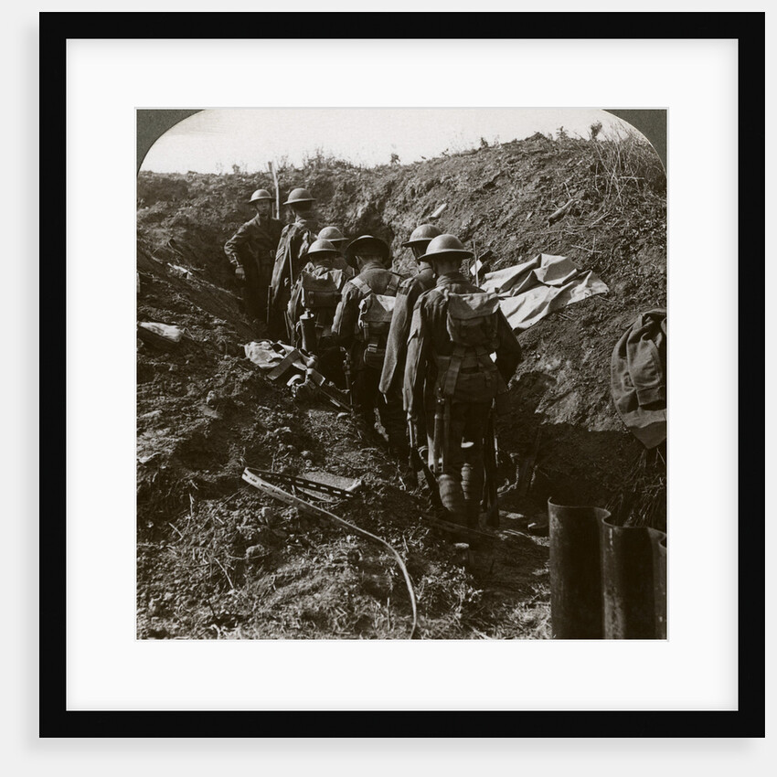 Officer watching his men file into a dug-out to avoid a German strafe, World War I by Realistic Travels Publishers