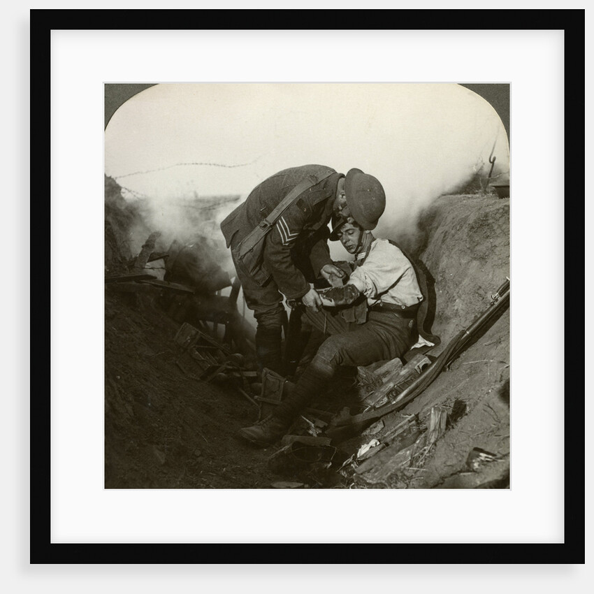 Soldier receiving first aid from a sergeant in a sap, Battle of Peronne, World War I by Realistic Travels Publishers