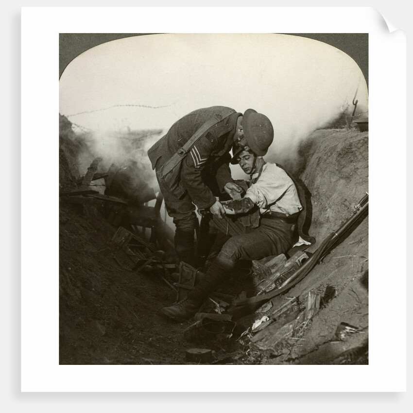 Soldier receiving first aid from a sergeant in a sap, Battle of Peronne, World War I by Realistic Travels Publishers