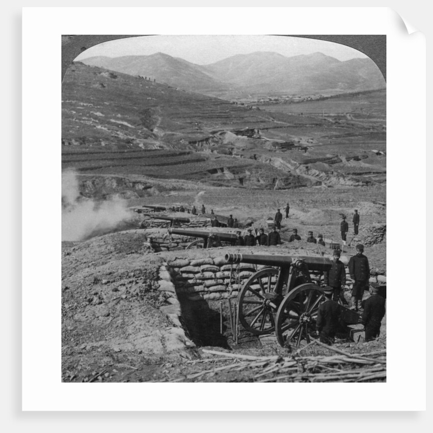 Japanese batteries firing on Russian forts, Siege of Port Arthur, Russo-Japanese War by Underwood & Underwood