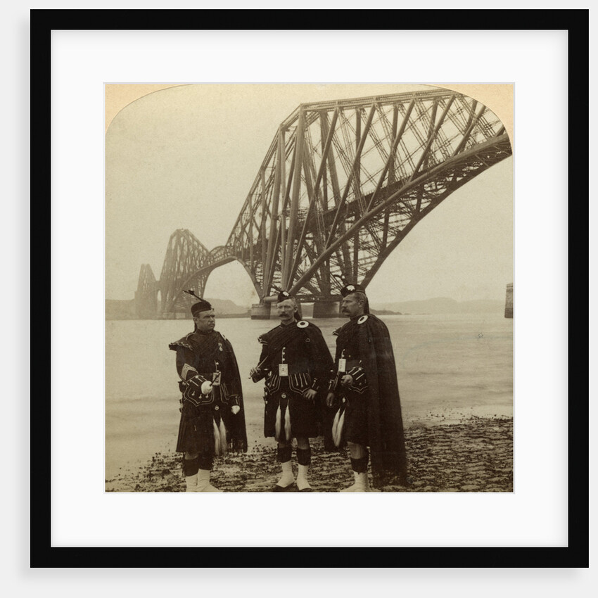 Men in Highland dress in front of the Forth Bridge, Scotland by Underwood & Underwood