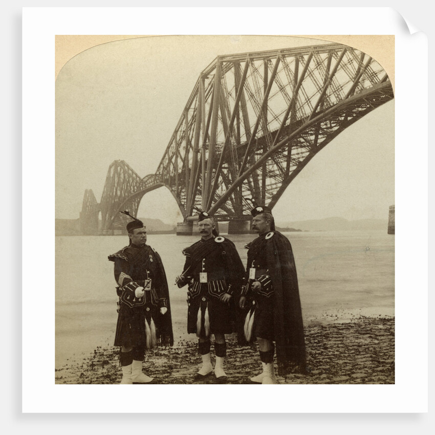 Men in Highland dress in front of the Forth Bridge, Scotland by Underwood & Underwood