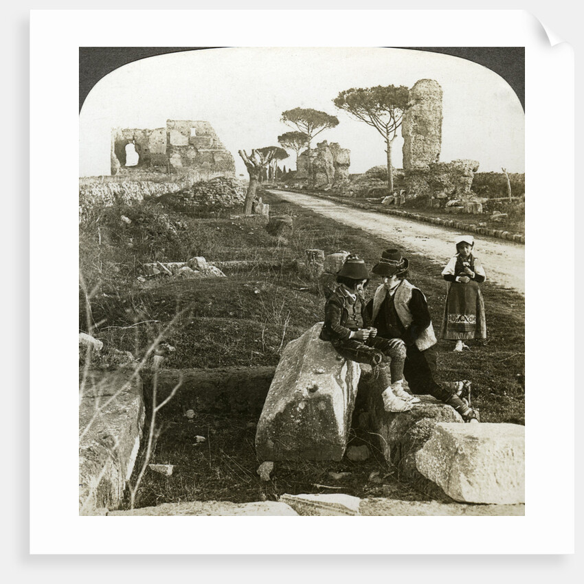 Tombs and children in traditional dress, Appian Way, Rome, Italy by Underwood & Underwood