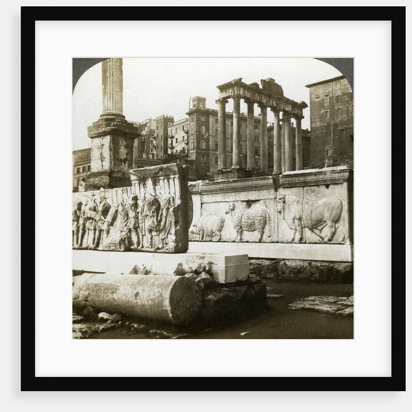 Bas reliefs of Trajan and Column of Phocas in the Forum, Rome, Italy by Underwood & Underwood