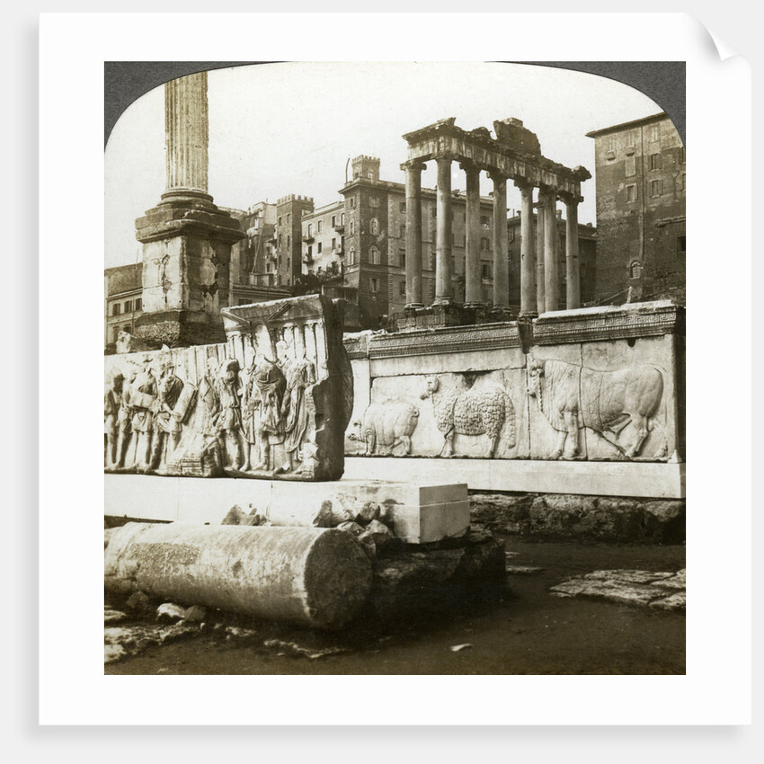 Bas reliefs of Trajan and Column of Phocas in the Forum, Rome, Italy by Underwood & Underwood