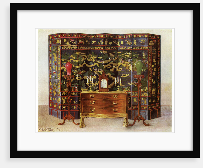 Curved commode table and Chinese lacquered eight fold screen by Edwin Foley