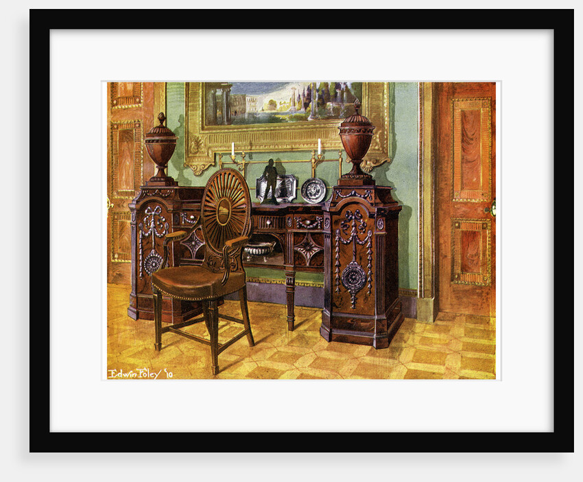 Carved mahogany pedestal sideboard and oval wheelback master's chair by Edwin Foley