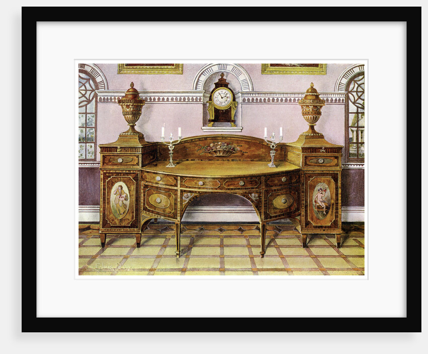 Painted and inlaid satinwood sideboard and mahogany bracket clock by Edwin Foley