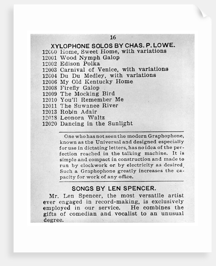 Page from the First Columbian Gramophone Catalogue by Anonymous