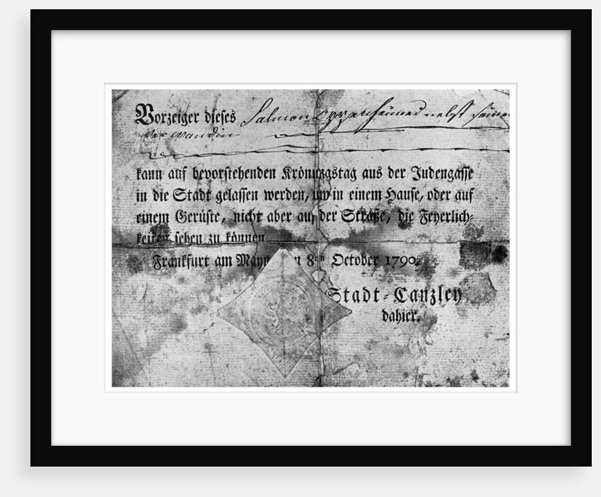 Anti-semitism: a pass issued to Jews at Frankfurt by Anonymous