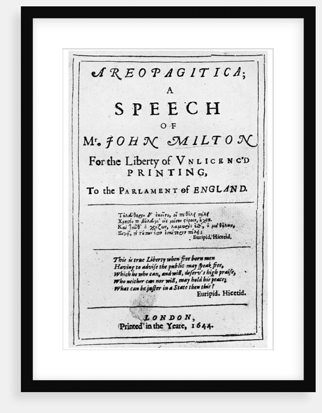 Freedom of the press: title page from the Areopagitica by John Milton by Anonymous