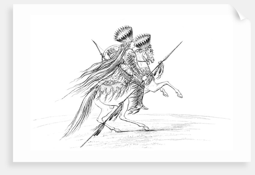 Native American male with weapons and headdress, riding a horse by Myers and Co