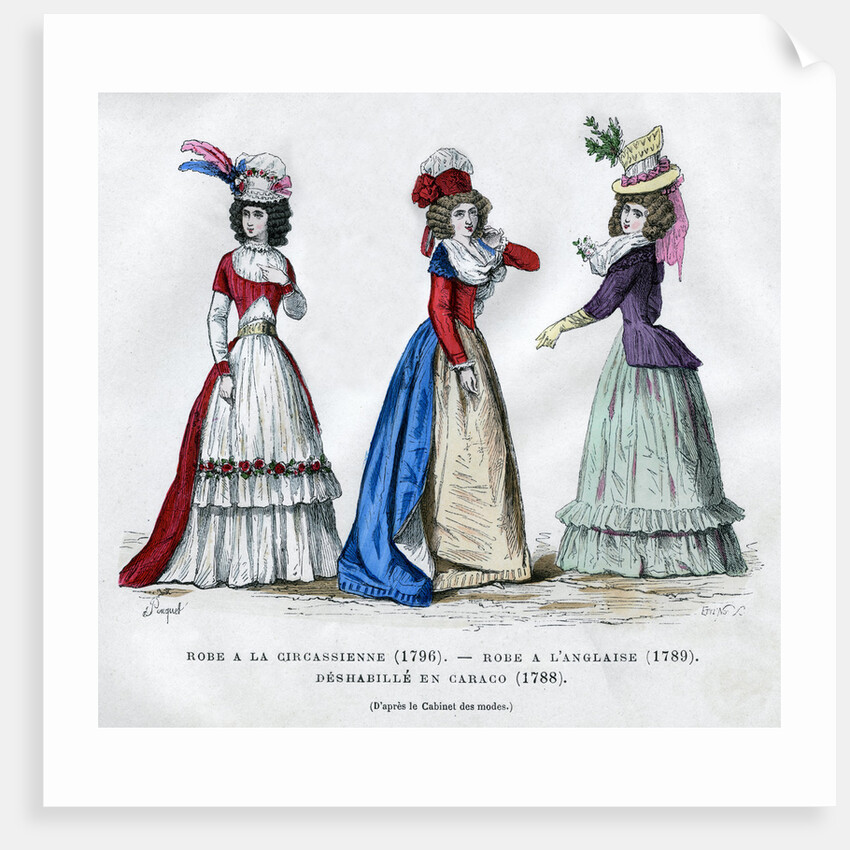 Circassian dress, 1796, English dress, 1789, and caraco housecoat by Anonymous