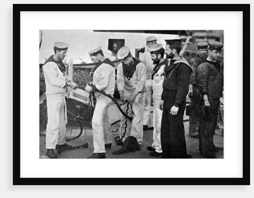 Blue jackets at work splicing a rope on board the battleship HMS Majestic by Gregory & Co