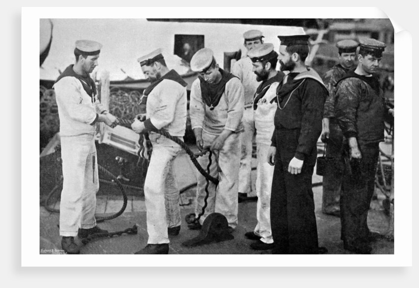 Blue jackets at work splicing a rope on board the battleship HMS Majestic by Gregory & Co