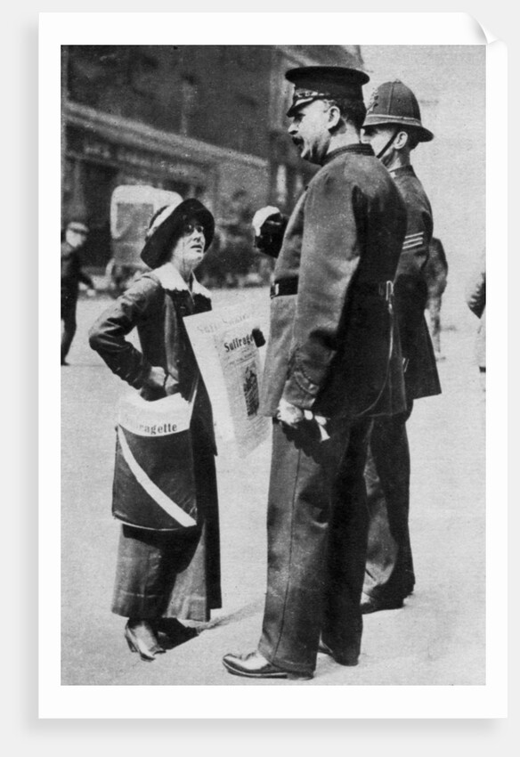 A suffragette confronting two policemen by Sport & General