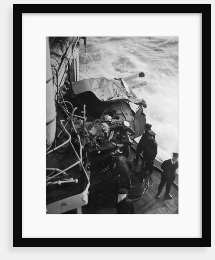 Damaged anti-aircraft gun on the British battleship HMS Malaya, off the coast of Portugal by Anonymous
