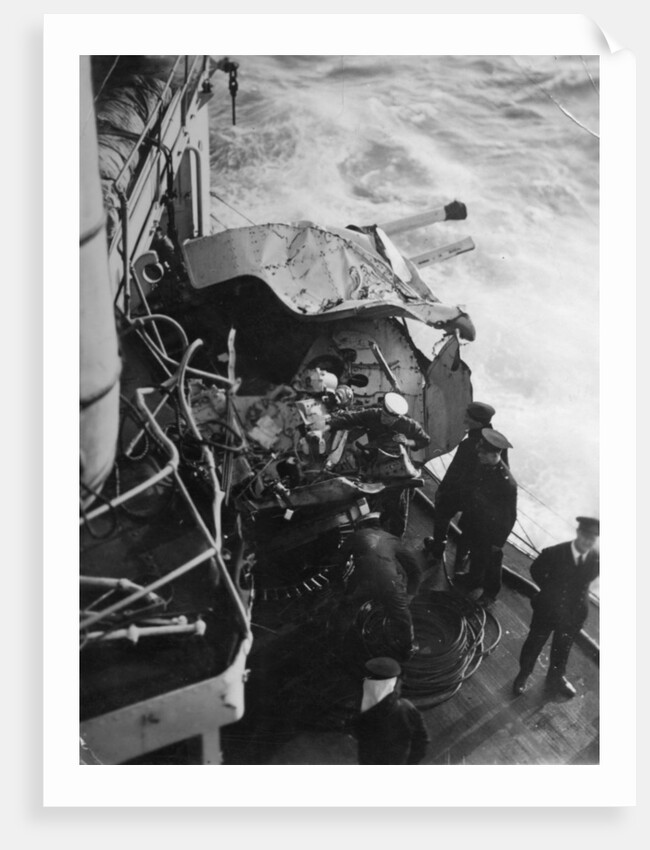 Damaged anti-aircraft gun on the British battleship HMS Malaya, off the coast of Portugal by Anonymous