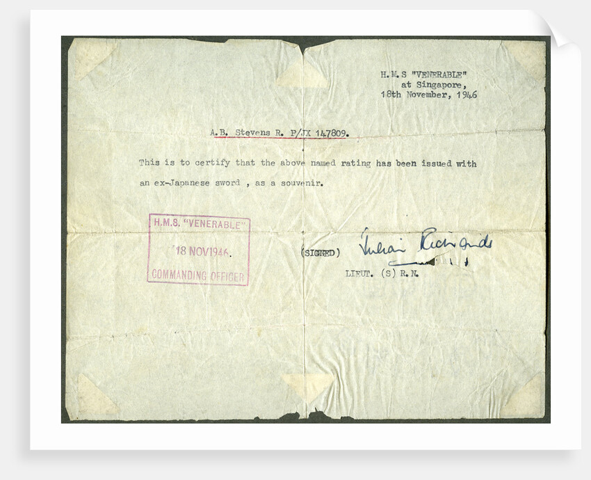 Receipt for a ex-Japanese sword, HMS Venerable, Singapore by Anonymous