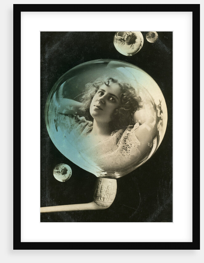 Woman reflected in a bubble, postcard by Anonymous