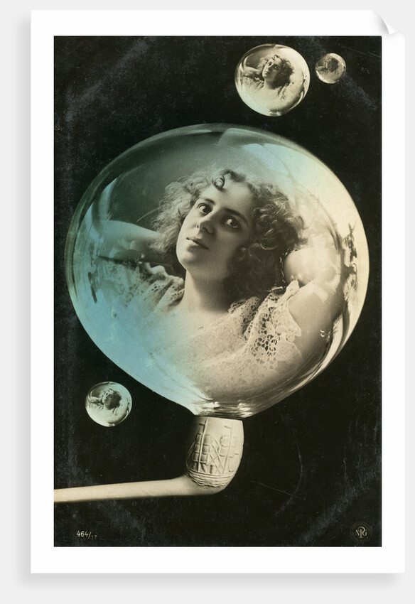 Woman reflected in a bubble, postcard by Anonymous