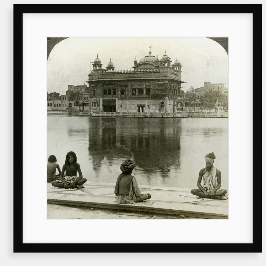 Fakirs at Amritsar, looking south across the Sacred Tank to the Golden Temple, India by Underwood & Underwood