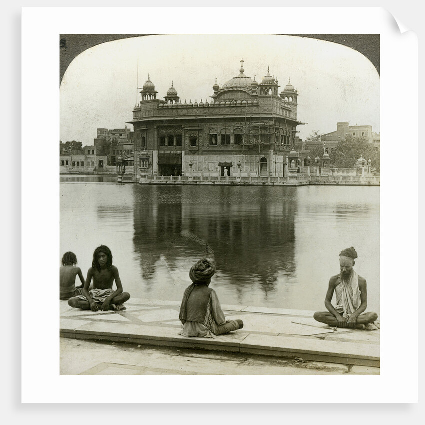 Fakirs at Amritsar, looking south across the Sacred Tank to the Golden Temple, India by Underwood & Underwood