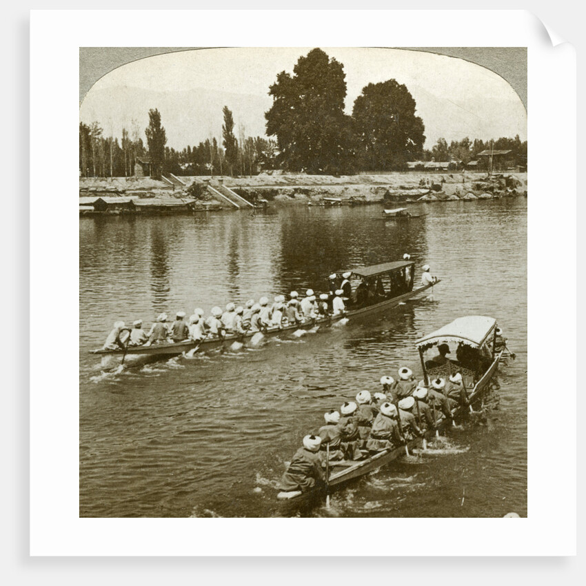 Lady Curzxon travelling on the state barge of the Maharaja, Kashmir, India by Underwood & Underwood
