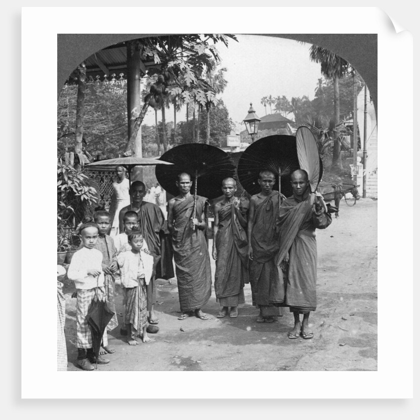 Buddhist monks with sunshades and fans, Rangoon, Burma by Stereo Travel Co