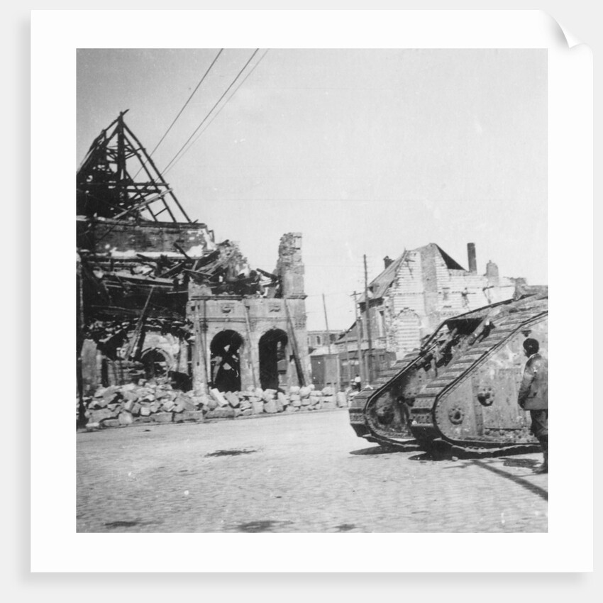 British tank in front of ruined buildings, Peronne, France, World War I by Nightingale & Co