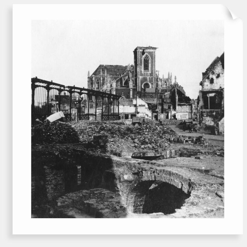 Damaged exterior of the Church of St Vaast, Armentières, France, World War I by Nightingale & Co