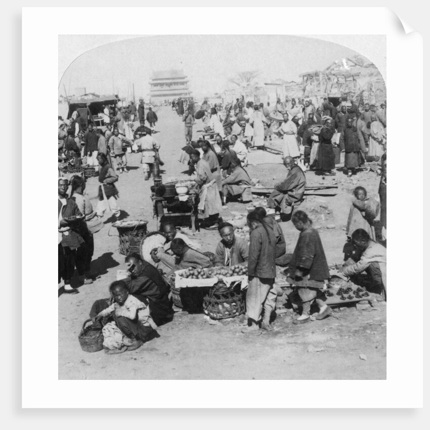 A market in the Tartar (northern) city, looking toward Drum Tower by Underwood & Underwood