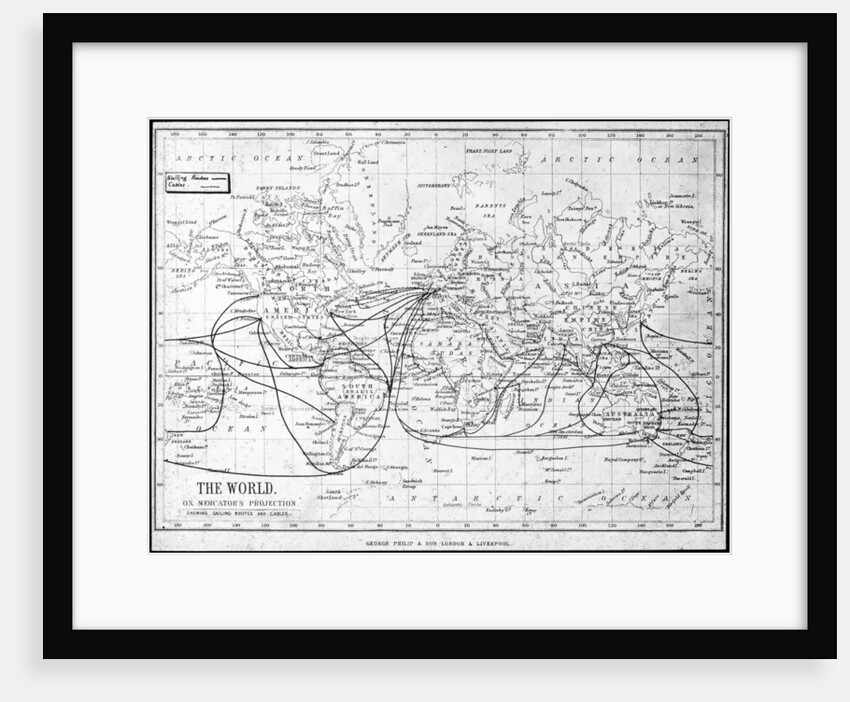 Map of the world showing sailing routes and telegraph cables by George Philip & Son Ltd