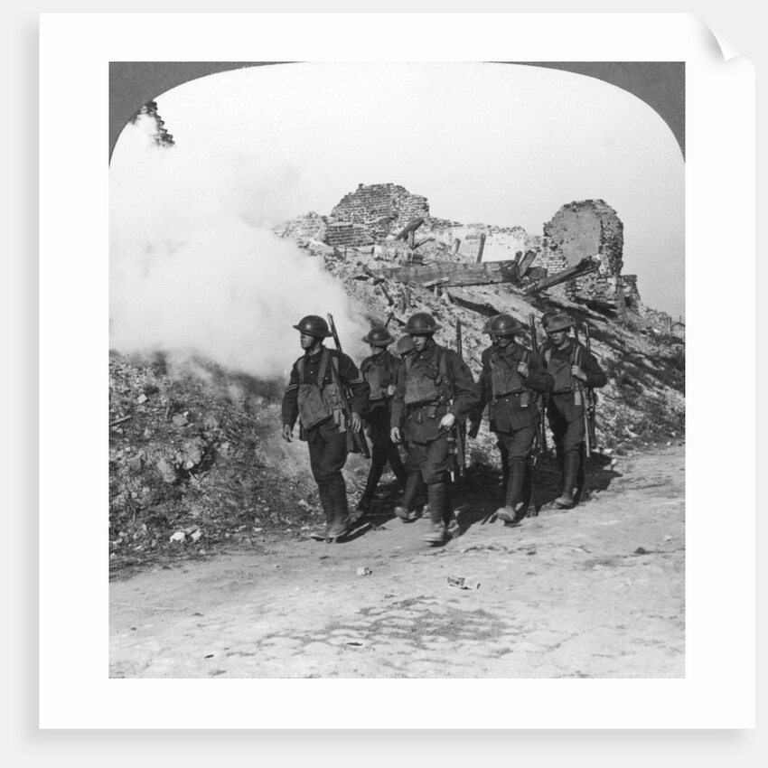 Troops passing the ruins of Monchy on the way up the line, France, World War I by Realistic Travels Publishers