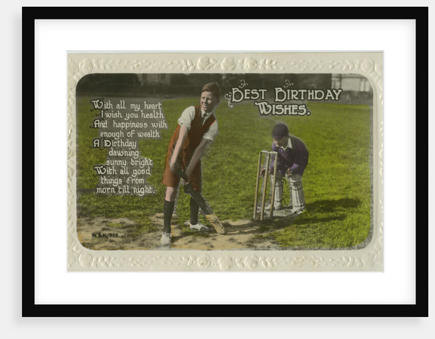 Birthday card featuring two boys playing cricket by Anonymous