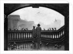 A man and a boy feeding the birds by Blackfriars Bridge, London by Anonymous