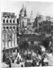 The spire of St Martin, Ludgate silhouetted against the bulk of St Paul's, London by Frith
