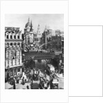 The spire of St Martin, Ludgate silhouetted against the bulk of St Paul's, London by Frith