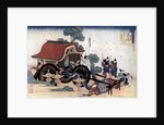 Pulling a three-wheeled carriage, Japanese woodcut by HOKUSAI