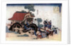Pulling a three-wheeled carriage, Japanese woodcut by HOKUSAI