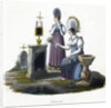 Two women standing before a headstone in a graveyard by Anonymous