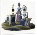 Two women standing before a headstone in a graveyard by Anonymous